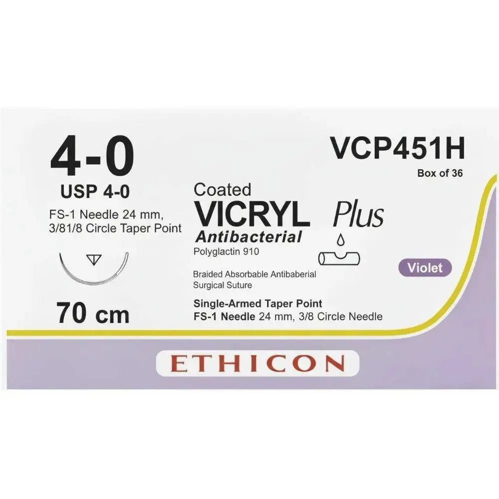 Ethicon VICRYL PLUS Polyglactin 910 Braided Absorbable Antibacterial Surgical Suture – USP 4 - 0 – 70 cm – Violet – Single - Armed Taper Point FS - 1 Needle 24 mm, 3/8 Circle – VCP451H (Box of 36) Size: 4 - 0 Colour: Violet Style: Taper Point FS - 1 - Medical SutureVCP451H
