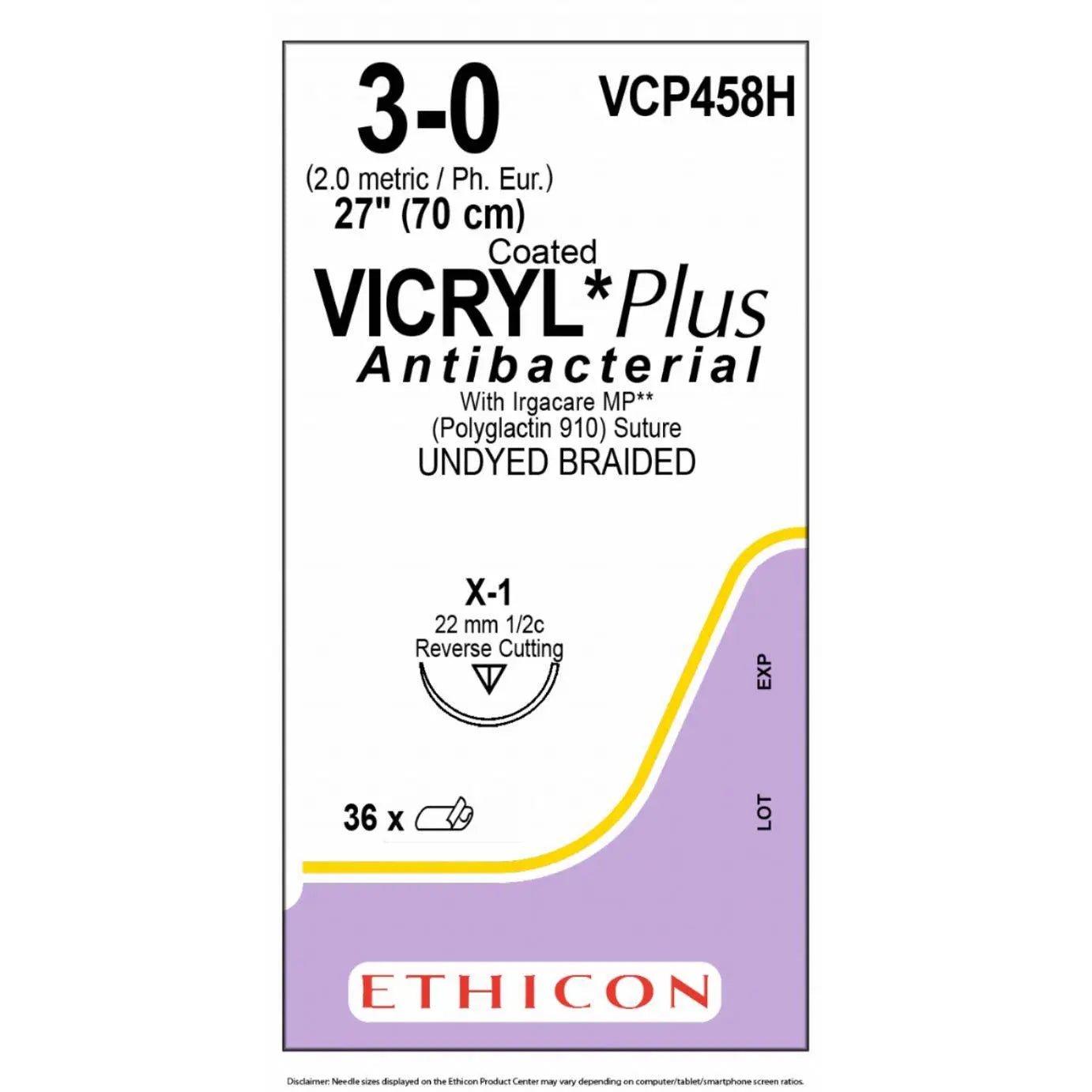 Ethicon VICRYL PLUS Polyglactin 910 Braided Absorbable Antibacterial Surgical Suture – USP 3 - 0 – 27 in (68 cm) – Undyed – Single - Armed X - 1 Needle – VCP458H (Box of 36) - SutureVCP458H