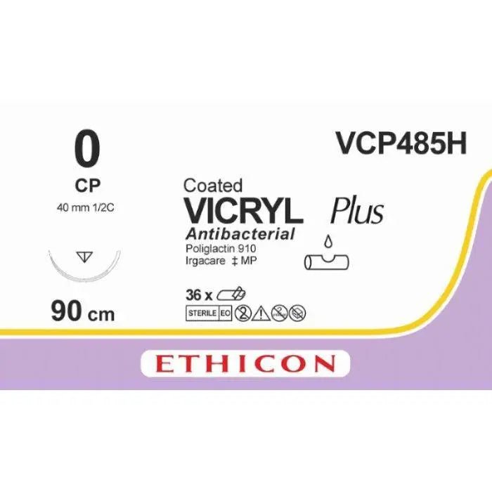 Ethicon VICRYL PLUS Polyglactin 910 Braided Absorbable Antibacterial Surgical Suture – USP 0 – 90 cm – Violet – Single - Armed Reverse Cutting Needle 40 mm, 1/2 Circle – VCP485H (Box of 36) - SutureVCP485H