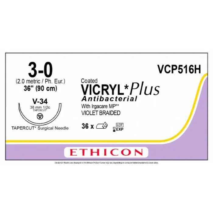 Ethicon VICRYL PLUS Polyglactin 910 Braided Absorbable Antibacterial Surgical Suture – USP 3 - 0 – 90 cm – Violet – Single - Armed Tapercut Needle 36 mm, 1/2 Circle – VCP516H (Box of 36) - VCP516H