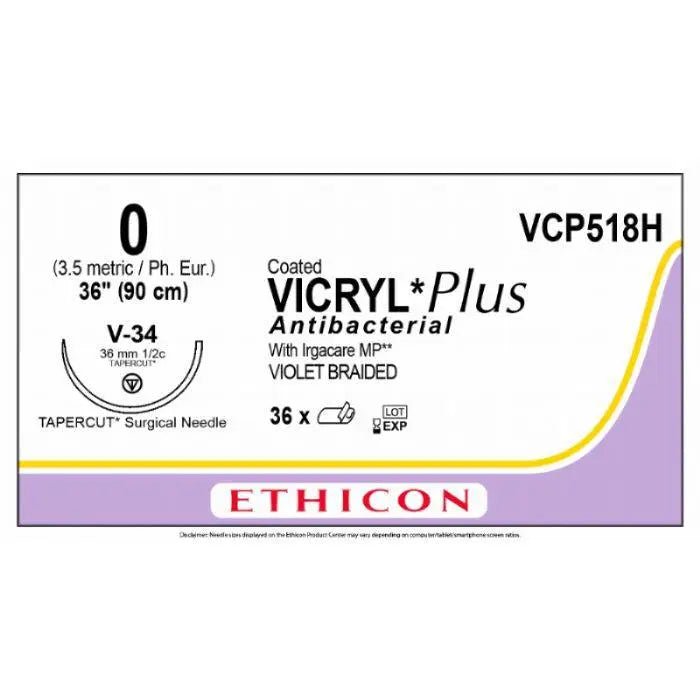 Ethicon VICRYL PLUS Polyglactin 910 Braided Absorbable Antibacterial Surgical Suture – USP 0 – 90 cm – Violet – Single - Armed Tapercut Needle 36 mm, 1/2 Circle – VCP518H (Box of 36) - VCP518H