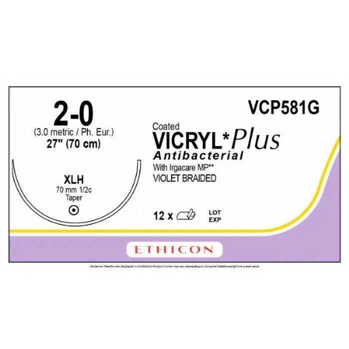 Ethicon VICRYL PLUS Polyglactin 910 Braided Absorbable Antibacterial Surgical Suture – USP 2 - 0 – 70 cm – Violet – Single - Armed Taper Point Needle 70 mm, 1/2 Circle – VCP581G (Box of 12) - VCP581G