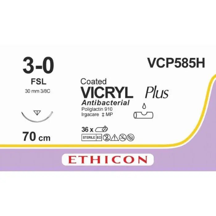 Ethicon VICRYL PLUS Polyglactin 910 Braided Absorbable Antibacterial Surgical Suture – USP 3 - 0 – 27 in (68 cm) – Violet – Single - Armed FSL Needle – VCP585H (Box of 36) - VCP585H