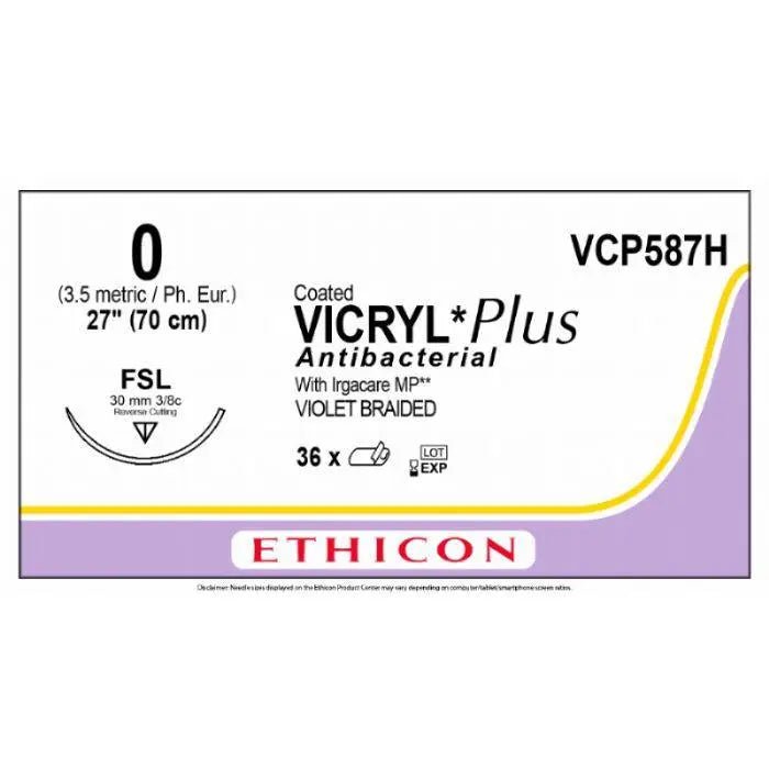Ethicon VICRYL PLUS Polyglactin 910 Braided Absorbable Antibacterial Surgical Suture – USP 0 – 27 in (68 cm) – Violet – Single - Armed FSL Needle – VCP587H (Box of 36) - VCP587H