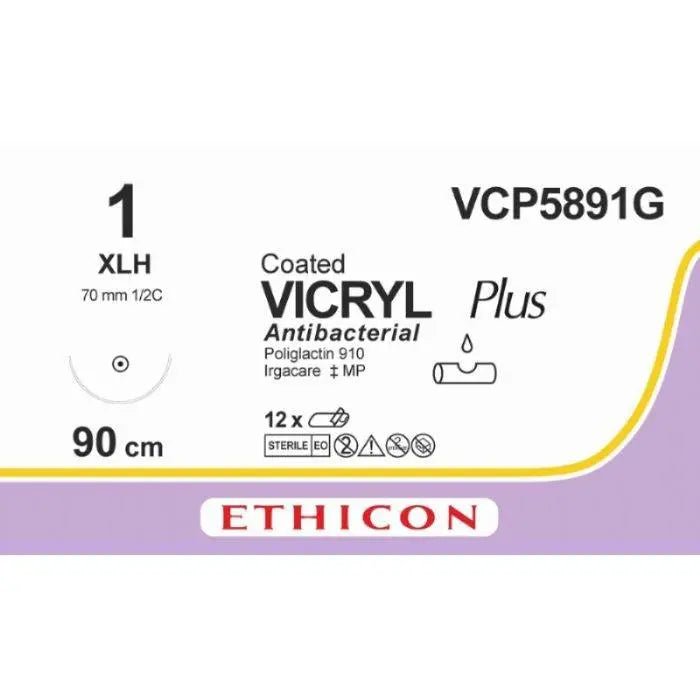 Ethicon VICRYL PLUS Polyglactin 910 Braided Absorbable Antibacterial Surgical Suture – USP 1 – 90 cm – Violet – Single - Armed Taper Point Needle 70 mm, 1/2 Circle – VCP5891G (Box of 12) - VCP5891G