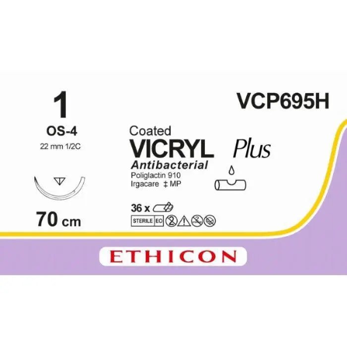 Ethicon VICRYL PLUS Polyglactin 910 Braided Absorbable Antibacterial Surgical Suture – USP 1 – 27 in (68 cm) – Undyed – Single - Armed OS - 4 Needle – VCP695H (Box of 36) - VCP695H