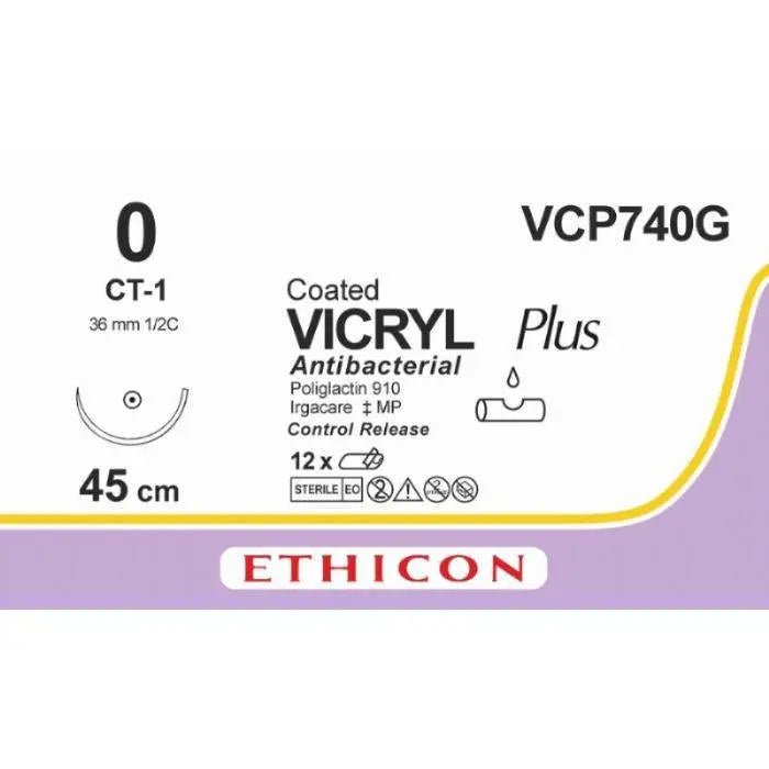 Ethicon VICRYL PLUS Polyglactin 910 Braided Absorbable Antibacterial Surgical Suture – USP 0 – 45 cm – Violet – Single - Armed Taper Point Needle 36 mm, 1/2 Circle – VCP740G (Box of 12) - VCP740G