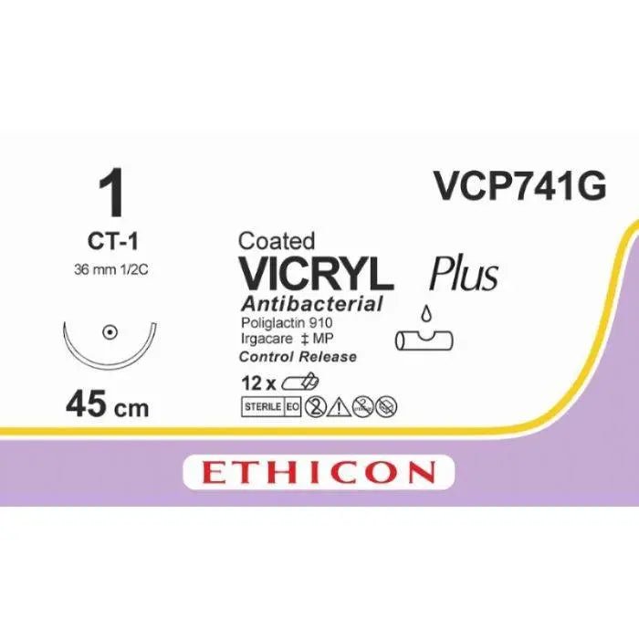 Ethicon VICRYL PLUS Polyglactin 910 Braided Absorbable Antibacterial Surgical Suture – USP 1 – 45 cm – Violet – Single - Armed Taper Point Needle 36 mm, 1/2 Circle – VCP741G (Box of 12) - VCP741G
