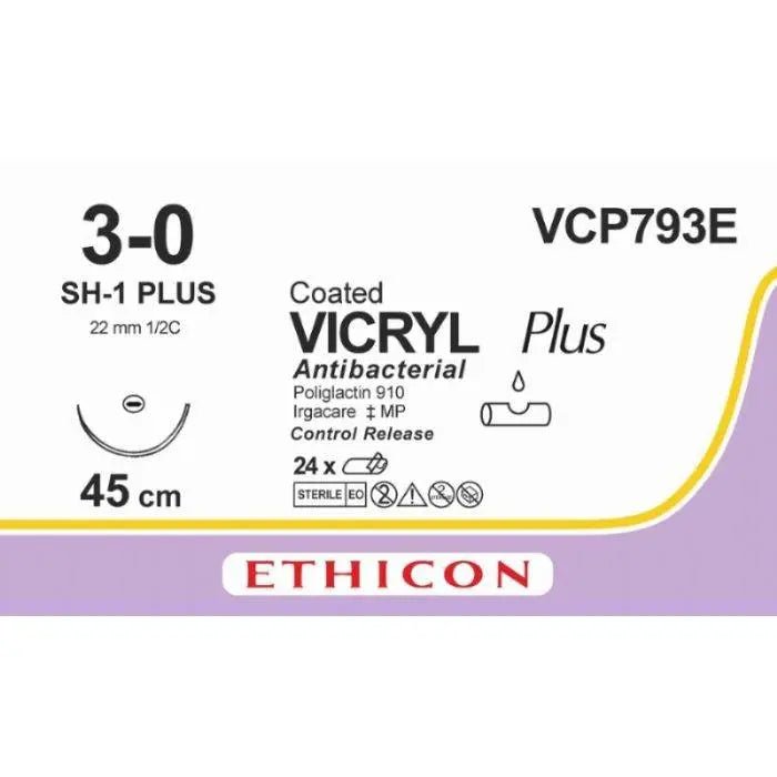 Ethicon VICRYL PLUS Polyglactin 910 Braided Absorbable Antibacterial Surgical Suture – USP 3 - 0 – 45 cm – Violet – Single - Armed Taper Point Plus Needle 22 mm, 1/2 Circle – VCP793E (Box of 24) Size: 3 - 0 Colour: Violet Style: non cutting - VCP793E