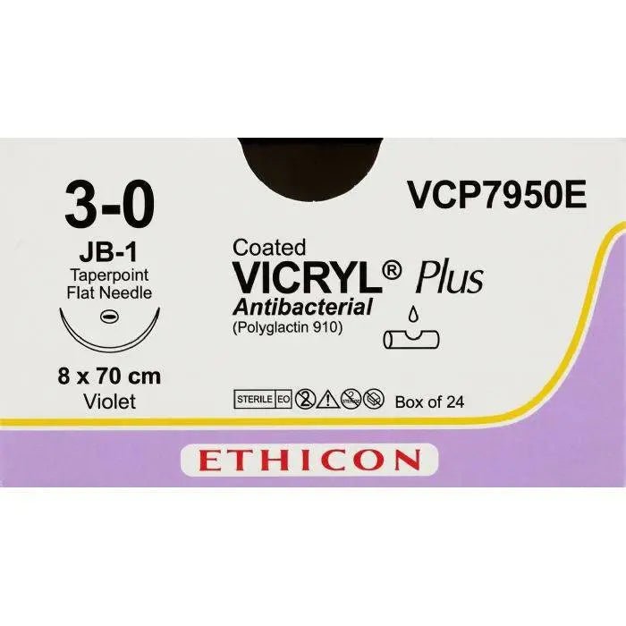 Ethicon COATED VICRYL® Plus Antibacterial (Polyglactin 910) Absorbable Surgical Suture – USP 3 - 0 – 8 × 70 cm – Violet – JB - 1 Taperpoint Flat Needle – VCP7950E (Box of 24) Size: 3 - 0 Colour: Violet Style: Taperpoint Flat - VCP7950E