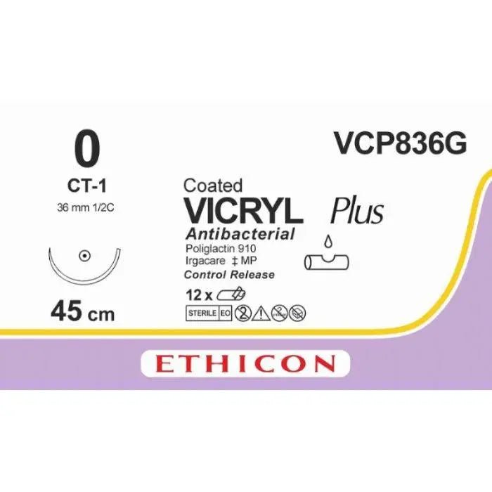Ethicon VICRYL PLUS Polyglactin 910 Braided Absorbable Antibacterial Surgical Suture – USP 0 – 45 cm – Violet – Single - Armed Taper Point Needle 36 mm, 1/2 Circle – VCP836G (Box of 12) Size: 0 Colour: Violet Style: non cutting - VCP836G
