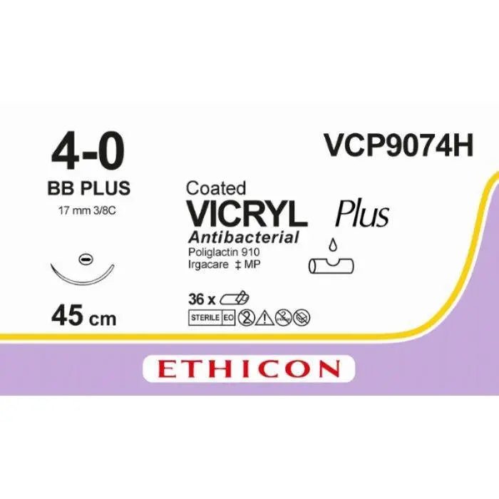 Ethicon VICRYL PLUS Polyglactin 910 Braided Absorbable Antibacterial Surgical Box of 36) Size: 4 - 0 Colour: Violet VCP9074H