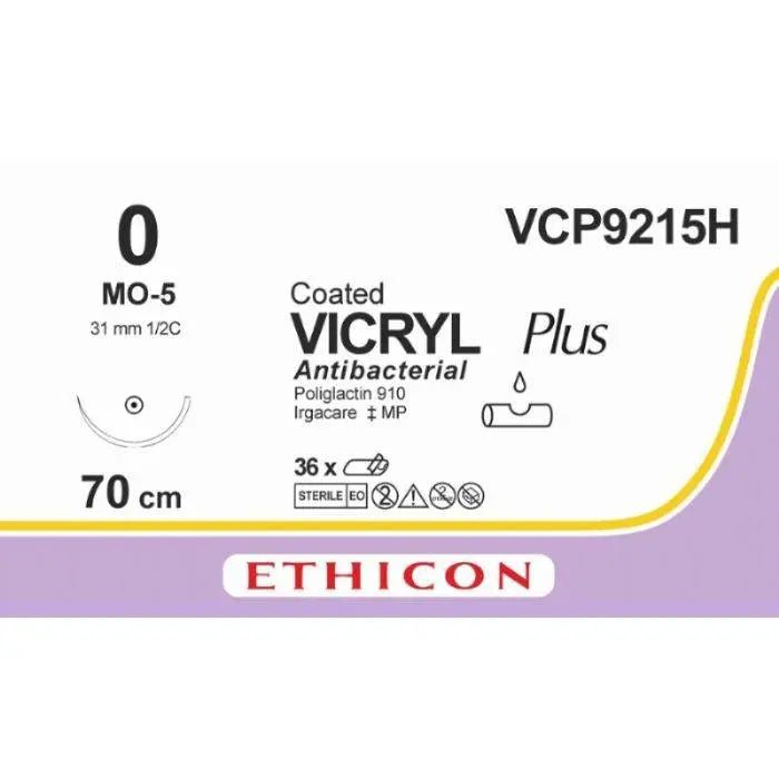 Ethicon VICRYL PLUS Polyglactin 910 Braided Absorbable Antibacterial Surgical Suture – USP 0 – 70 cm – Violet – Single - Armed Taper Point Needle 31 mm, 1/2 Circle – VCP9215H (Box of 36) Size: 0 Colour: Violet Style: non cutting - VCP9215H