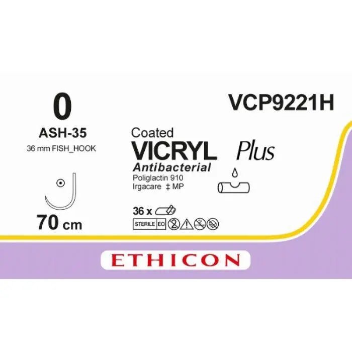 Ethicon VICRYL PLUS Polyglactin 910 Braided Absorbable Antibacterial Surgical Suture – USP 0 – 70 cm – Violet – Single - Armed Taper Point Needle 36 mm, Fish Hook – VCP9221H (Box of 36) Size: 0 Colour: Violet Style: non cutting - VCP9221H