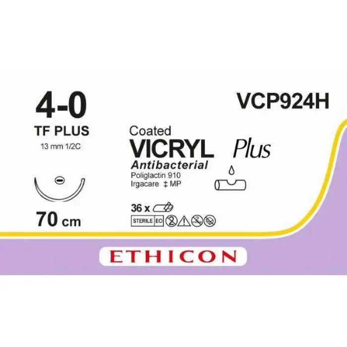 Ethicon VICRYL PLUS Polyglactin 910 Braided Absorbable Antibacterial Surgical Suture – USP 4 - 0 – 27 in (68 cm) – Violet – Single - Armed TF PLUS Needle – VCP924H (Box of 36) Size: 4 - 0 Colour: Violet Style: non cutting - VCP924H