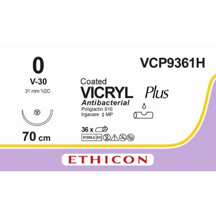 Ethicon VICRYL PLUS Polyglactin 910 Braided Absorbable Antibacterial Surgical Suture – USP 0 – 70 cm – Violet – Single - Armed Tapercut Needle 31 mm, 1/2 Circle – VCP9361H (Box of 36) Size: 0 Colour: Violet Style: non cutting - VCP9361H