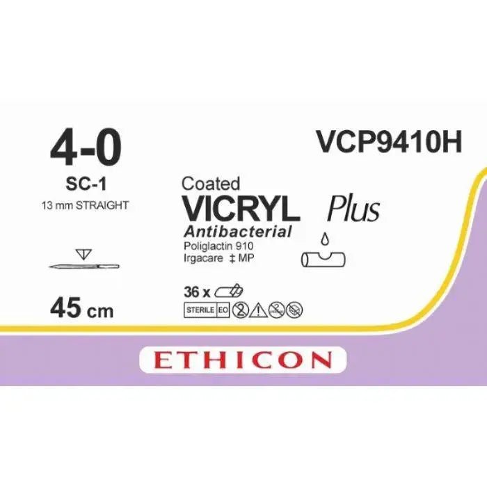 Ethicon VICRYL PLUS Polyglactin 910 Braided Absorbable Antibacterial Surgical Suture – USP 4 - 0 – 45 cm – Violet – Single - Armed Reverse Cutting Needle 13 mm, Straight – VCP9410H (Box of 36) Size: 4 - 0 Colour: Violet Style: cutting - VCP9410H