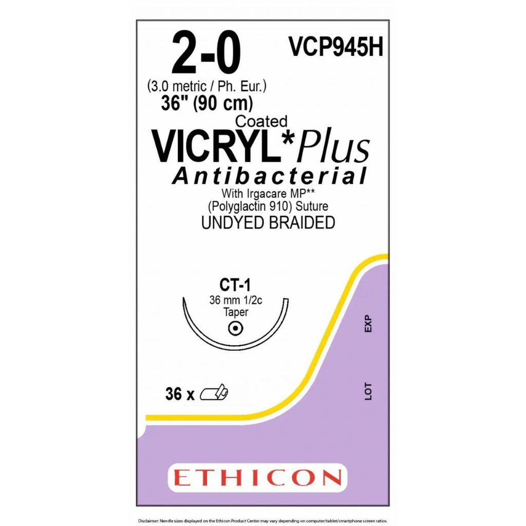 Ethicon VICRYL PLUS Polyglactin 910 Braided Absorbable Antibacterial Surgical Suture – USP 2 - 0 – 90 cm – Undyed – Single - Armed Taper Point Needle 36 mm, 1/2 Circle – VCP945H (Box of 36) Size: 2 - 0 Colour: Undyed Style: non cutting - VCP945H