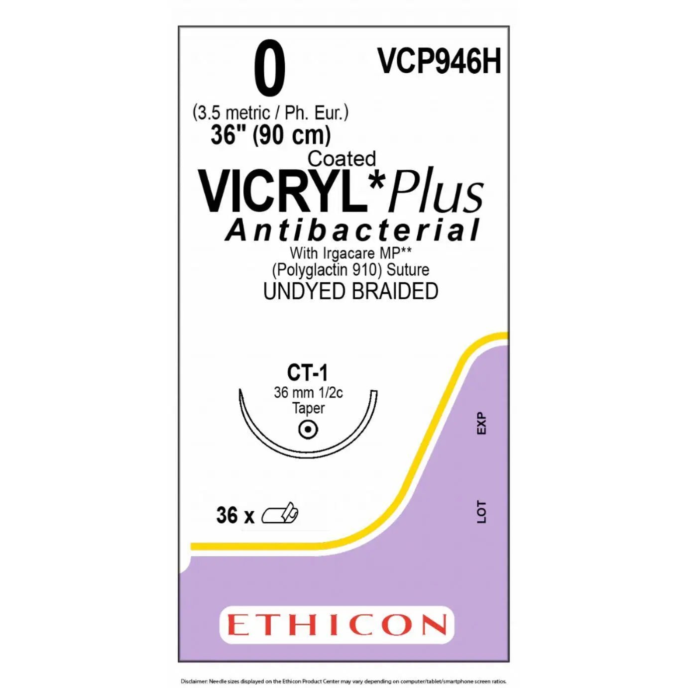 Ethicon VICRYL PLUS Polyglactin 910 Braided Absorbable Antibacterial Surgical Suture – USP 0 – 90 cm – Undyed – Single - Armed Taper Point Needle 36 mm, 1/2 Circle – VCP946H (Box of 36) Size: 0 Colour: Undyed Style: non cutting - VCP946H