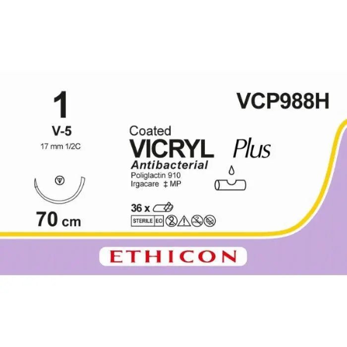 Ethicon VICRYL PLUS Polyglactin 910 Braided Absorbable Antibacterial Surgical Suture – USP 1 – 27 in (68 cm) – Violet – Single - Armed V - 5 Needle – VCP988H (Box of 36) Size: 1 Colour: Violet Style: non cutting - VCP988H