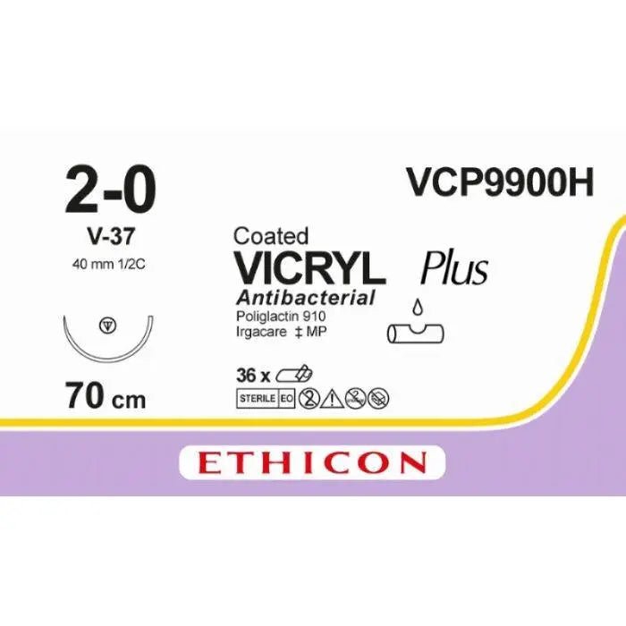 Ethicon VICRYL PLUS Polyglactin 910 Braided Absorbable Antibacterial Surgical Suture – USP 2 - 0 – 70 cm – Undyed – Single - Armed Tapercut Needle 40 mm, 1/2 Circle – VCP9900H (Box of 36) Size: 2 - 0 Colour: Undyed Style: non cutting - VCP9900H