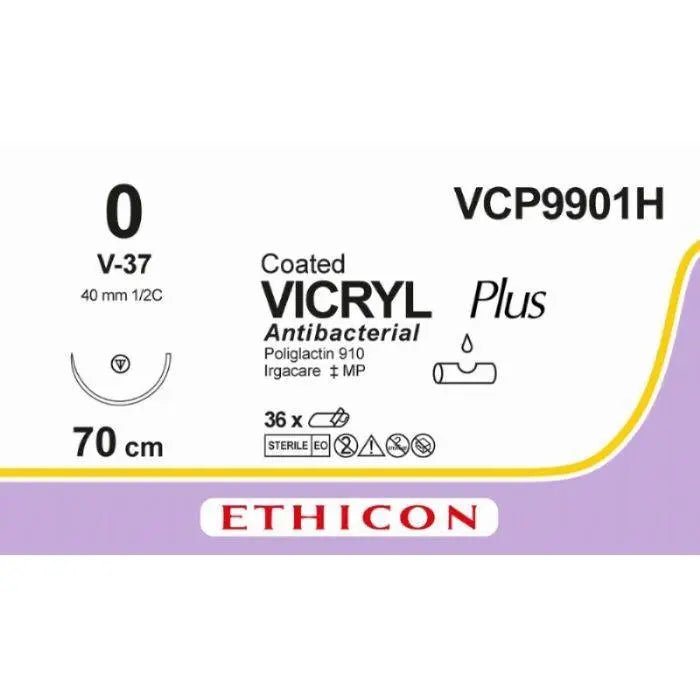 Ethicon VICRYL PLUS Polyglactin 910 Braided Absorbable Antibacterial Surgical Suture – USP 0 – 70 cm – Undyed – Single - Armed Tapercut Needle 40 mm, 1/2 Circle – VCP9901H (Box of 36) Size: 0 Colour: Undyed Style: non cutting - VCP9901H