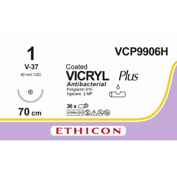 Ethicon VICRYL PLUS Polyglactin 910 Braided Absorbable Antibacterial Surgical Suture – USP 1 – 70 cm – Undyed – Single - Armed Tapercut Needle 40 mm, 1/2 Circle – VCP9906H (Box of 36) Size: 1 Colour: Undyed Style: non cutting - VCP9906H