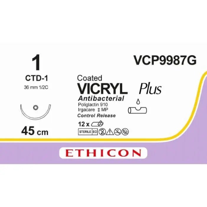 Ethicon VICRYL PLUS Polyglactin 910 Braided Absorbable Antibacterial Surgical Suture – USP 1 – 4 × 18 in (45 cm) – Violet – Single - Armed CTD - 1 C/R Needle – VCP9987G (Box of 12) Size: 1 Colour: Violet Style: non cutting - VCP9987G