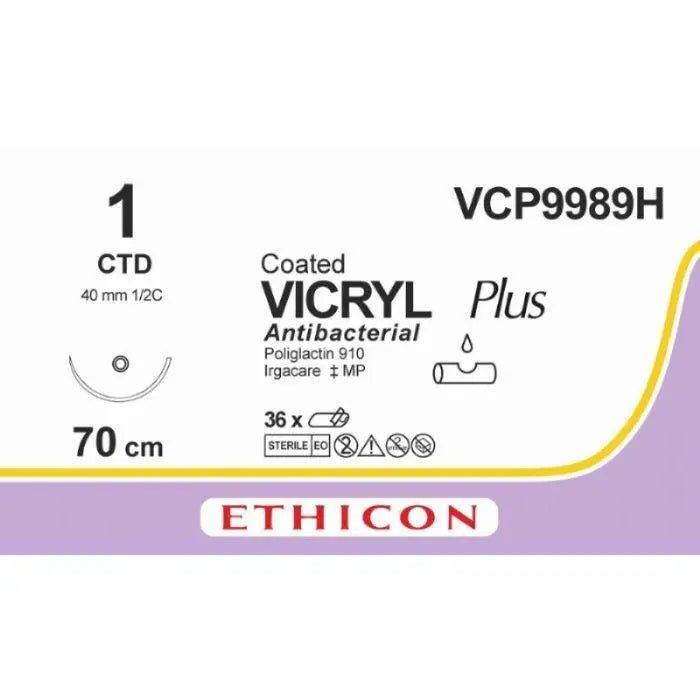 Ethicon VICRYL PLUS Polyglactin 910 Braided Absorbable Antibacterial Surgical Suture – USP 1 – 70 cm – Violet – Single - Armed Blunt Point Dolphin Needle 40 mm, 1/2 Circle – VCP9989H (Box of 36) Size: 1 Colour: Violet Style: non cutting - VCP9989H