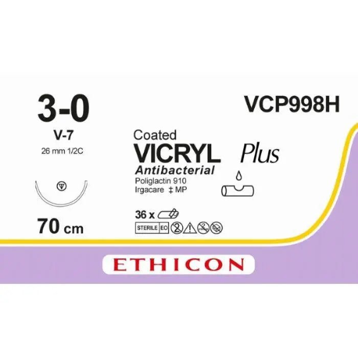 Ethicon VICRYL PLUS Polyglactin 910 Braided Absorbable Antibacterial Surgical Suture – USP 3 - 0 – 70 cm – Violet – Single - Armed Tapercut Needle 26 mm, 1/2 Circle – VCP998H (Box of 36) Size: 3 - 0 Colour: Violet Style: non cutting - VCP998H