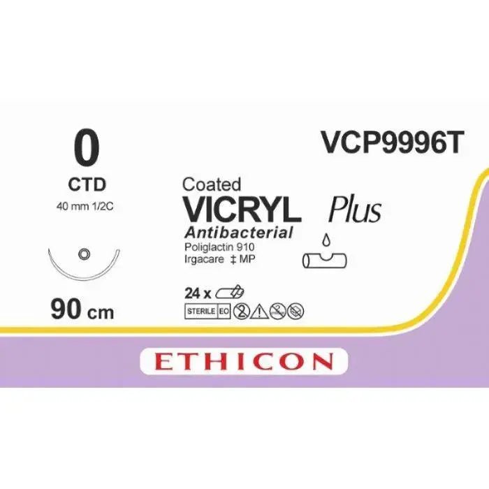 Ethicon VICRYL PLUS Polyglactin 910 Braided Absorbable Antibacterial Surgical Suture – USP 0 – 90 cm – Violet – Single - Armed Blunt Point Dolphin Needle 40 mm, 1/2 Circle – VCP9996T (Box of 24) Size: 1 Colour: Violet Style: non cutting - VCP9996T