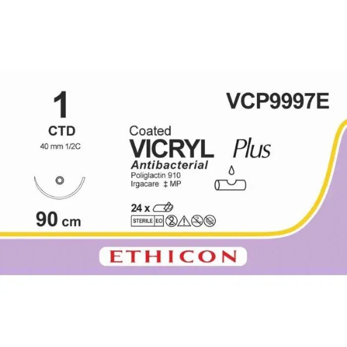 Ethicon VICRYL PLUS Polyglactin 910 Braided Absorbable Antibacterial Surgical Suture – USP 1 – 90 cm – Violet – Single - Armed Blunt Point Dolphin Needle 40 mm, 1/2 Circle – VCP9997E (Box of 24) Size: 1 Colour: Violet Style: non cutting - VCP9997E