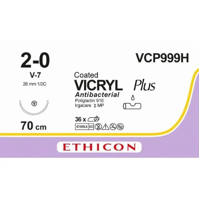 Ethicon VICRYL PLUS Polyglactin 910 Braided Absorbable Antibacterial Surgical Suture – USP 2 - 0 – 70 cm – Violet – Single - Armed Tapercut Needle 26 mm, 1/2 Circle – VCP999H (Box of 36) Size: 2 - 0 Colour: Violet Style: non cutting - VCP999H