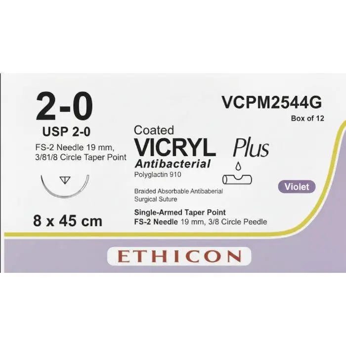 Ethicon VICRYL PLUS Polyglactin 910 Braided Absorbable Antibacterial Surgical Suture – USP 2 - 0 (Metric 3) – 8 x 45 cm – Violet – Single - Armed – VCPM2544G (Box of 12) Size: 2 - 0 Colour: Violet Style: Single - armed - VCPM2544G