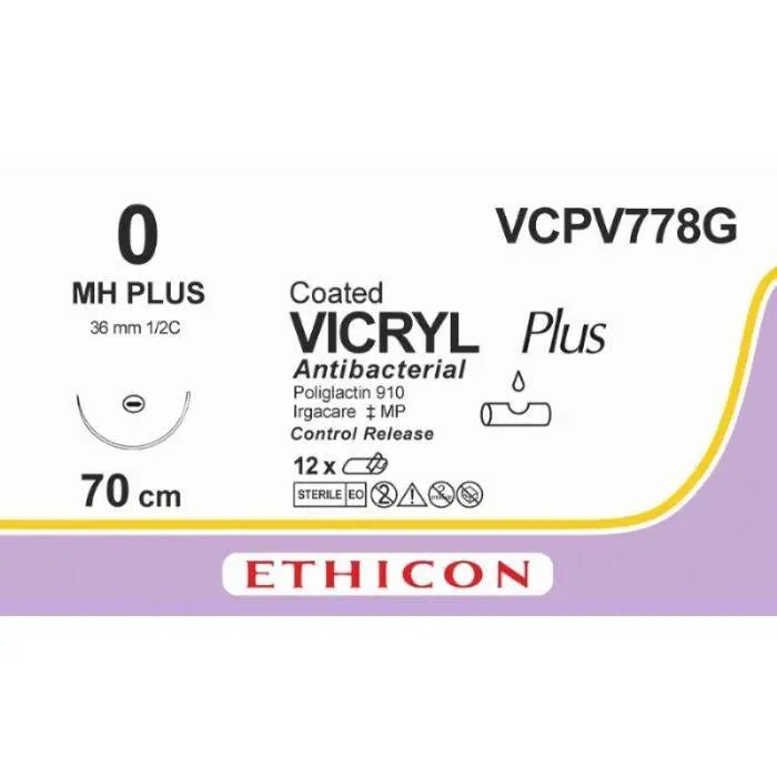 Ethicon VICRYL PLUS Polyglactin 910 Braided Absorbable Antibacterial Surgical Suture – USP 0 – 70 cm – Violet – Single - Armed Taper Point Plus Needle 36 mm, 1/2 Circle – VCPV778G (Box of 12) Size: 0 Colour: Violet Style: non cutting - VCPV778G