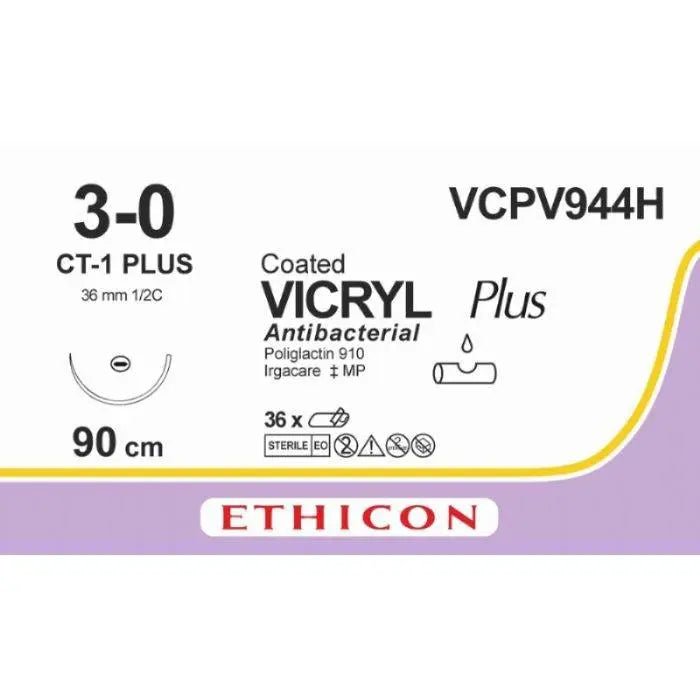 Ethicon VICRYL PLUS Polyglactin 910 Braided Absorbable Antibacterial Surgical Suture – USP 3 - 0 – 90 cm – Undyed – Single - Armed Taper Point Plus Needle 36 mm, 1/2 Circle – VCPV944H (Box of 36) Size: 3 - 0 Colour: Undyed Style: non cutting - VCPV944H