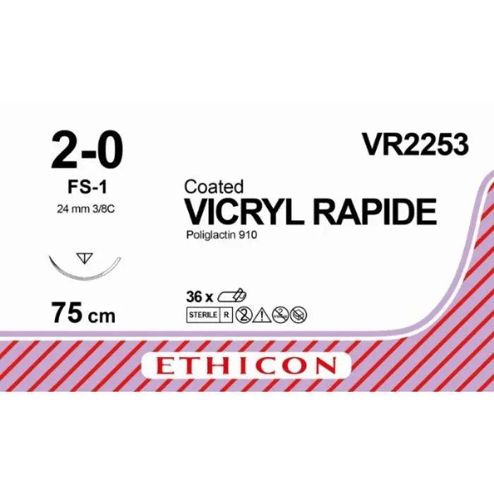 Ethicon VICRYL RAPIDE Braided Polyglactin 910 Absorbable Surgical Suture – USP 2 - 0 – 75 cm – Undyed – Reverse Cutting Needle (24 mm, 3/8 Circle) – VR2253 (Box of 36) Size: 2 - 0 Colour: Undyed Style: Reverse Cutting - VR2253