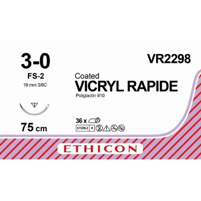 Ethicon VICRYL RAPIDE Braided Polyglactin 910 Absorbable Surgical Suture – USP 3 - 0 – 75 cm – Undyed – Reverse Cutting Needle (19 mm, 3/8 Circle) – VR2298 (Box of 36) Size: 3 - 0 Colour: Undyed Style: Reverse Cutting - VR2298