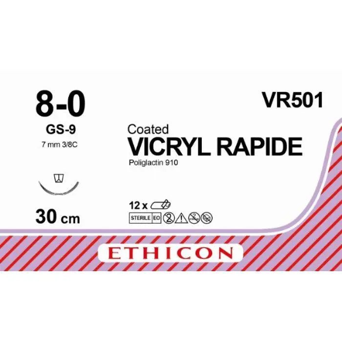 Ethicon VICRYL RAPIDE Braided Polyglactin 910 Absorbable Surgical Suture – USP 8 - 0 – 30 cm – Violet – Reverse Spatula Needle (6.5 mm, 3/8 Circle) – VR501 (Box of 12) Size: 8 - 0 Colour: Violet Style: Reverse Spatula - VR501