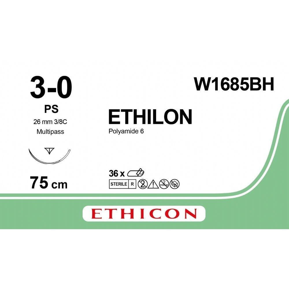 Ethicon ETHILON Black Monofilament Non - Absorbable Surgical Suture USP 3 - 0 30 in (75 cm) Black PS Prime Reverse Cutting Needle 24 mm 3/8 Circle W1685BH (Box of 36) - W1685BH