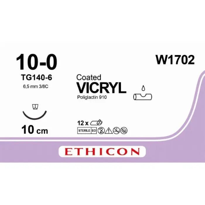Ethicon VICRYL Coated Polyglactin 910 Absorbable Surgical Suture – USP 10 - 0 – 10 cm – Violet – Single - Armed Reverse Spatula Needle 6.5 mm, 3/8 Circle – W1702 (Box of 12) Size: 10 - 0 Colour: Violet Style: cutting - W1702