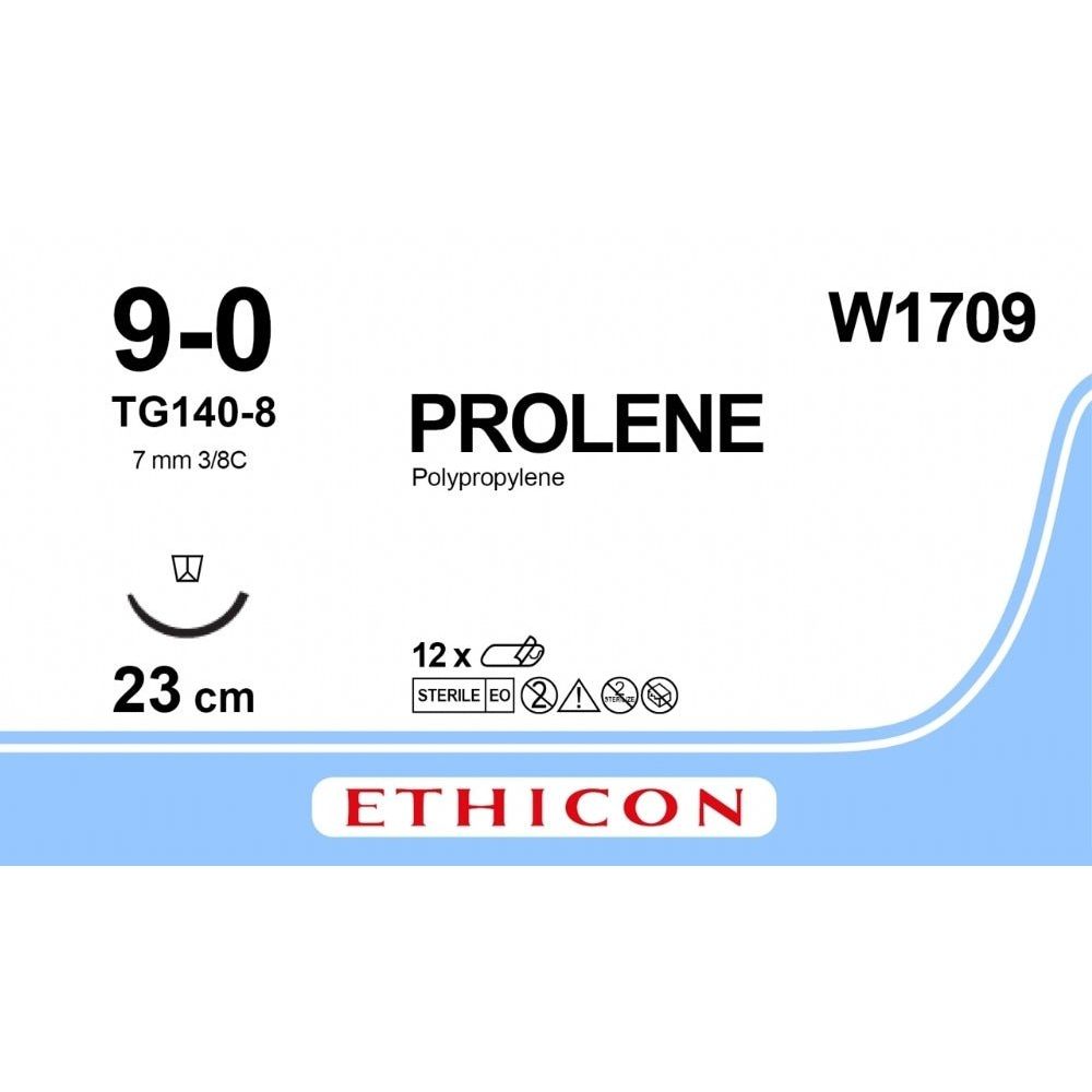 Ethicon PROLENE Polypropylene Blue Non - Absorbable Microsurgical Suture USP 9 - 0 23 cm TG - 140 - 8 Needle W1709 (Box of 12) - W1709