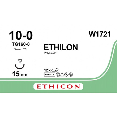 Ethicon ETHILON Black Monofilament Non - Absorbable Microsurgical Suture USP 10 - 0 6 in (15 cm) Black TG160 - 8 Taper Point Needle 8 mm 3/8 Circle W1721 (Box of 12) - W1721