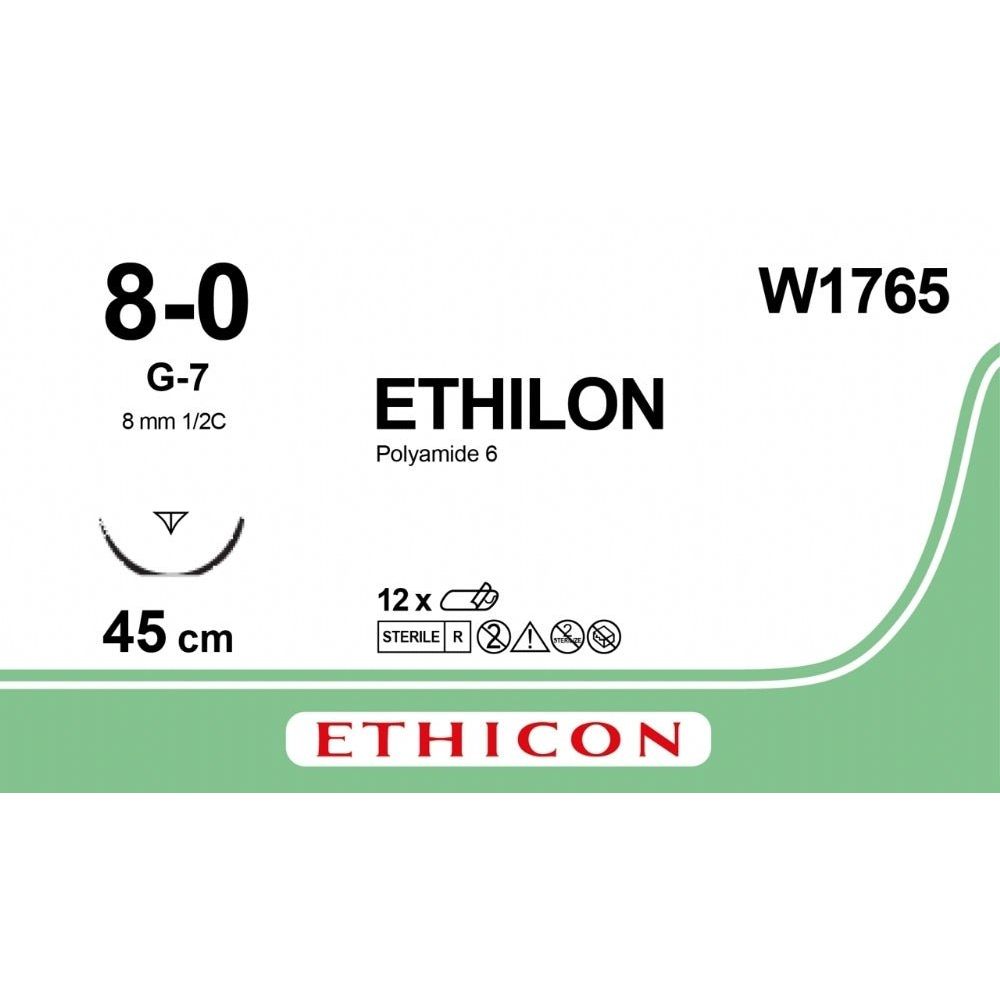 Ethicon ETHILON Black Monofilament Non - Absorbable Surgical Suture USP 8 - 0 18 in (45 cm) Black G - 7 Prime Cutting Needle 8 mm 3/8 Circle W1765 (Box of 12) - W1765