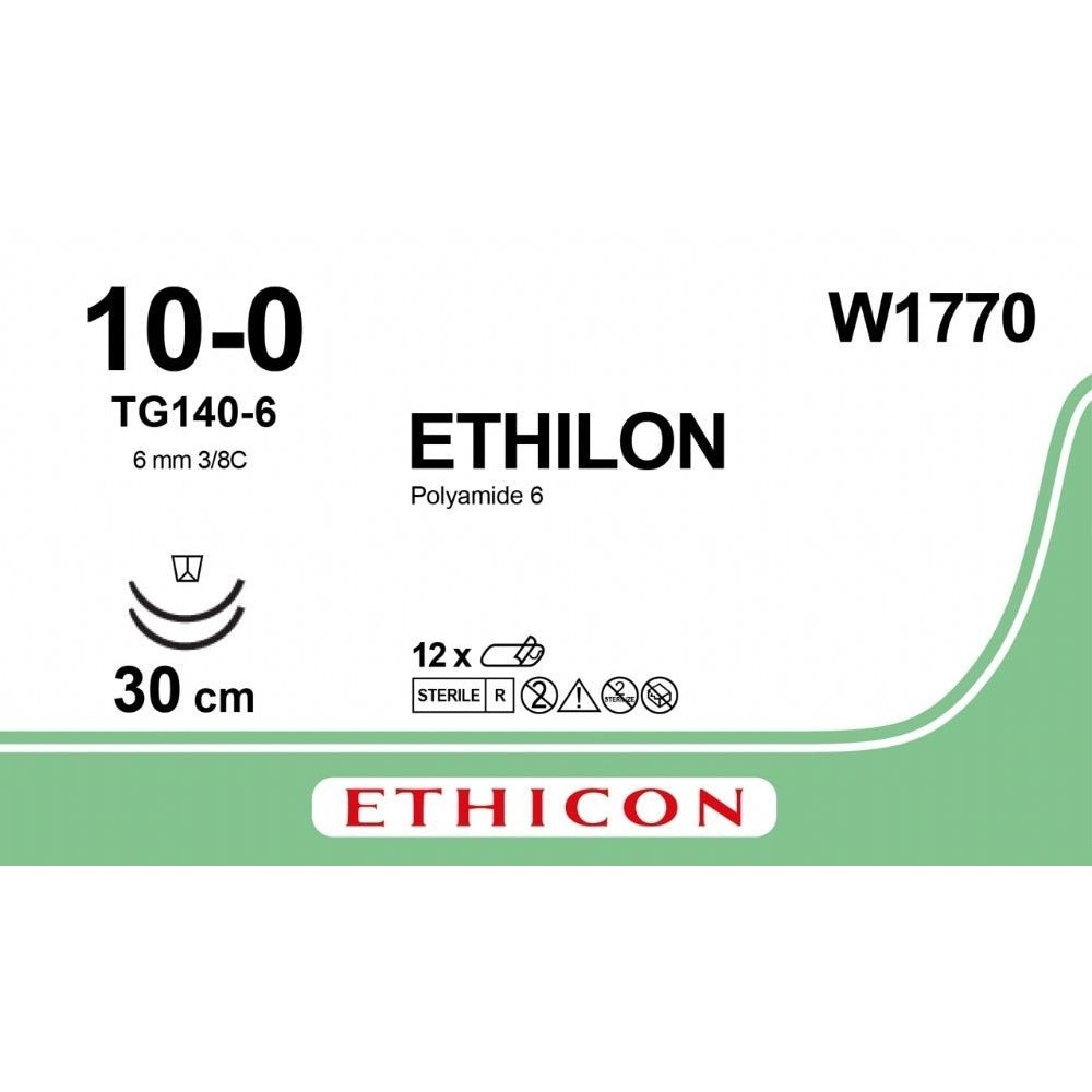 Ethicon ETHILON Black Monofilament Non - Absorbable Microsurgical Suture USP 10 - 0 12 in (30 cm) Black Double - Armed TG140 - 6 Taper Point Needles 6 mm 3/8 Circle W1770 (Box of 12) - W1770