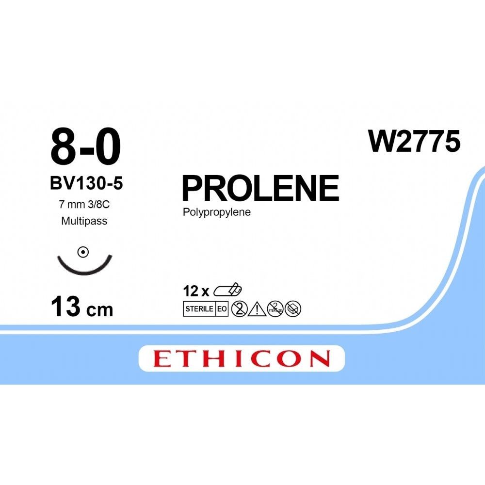 Ethicon PROLENE Polypropylene Blue Non - Absorbable Microsurgical Suture USP 8 - 0 13 cm BV130 - 5 Needle W2775 (Box of 12) - W2775