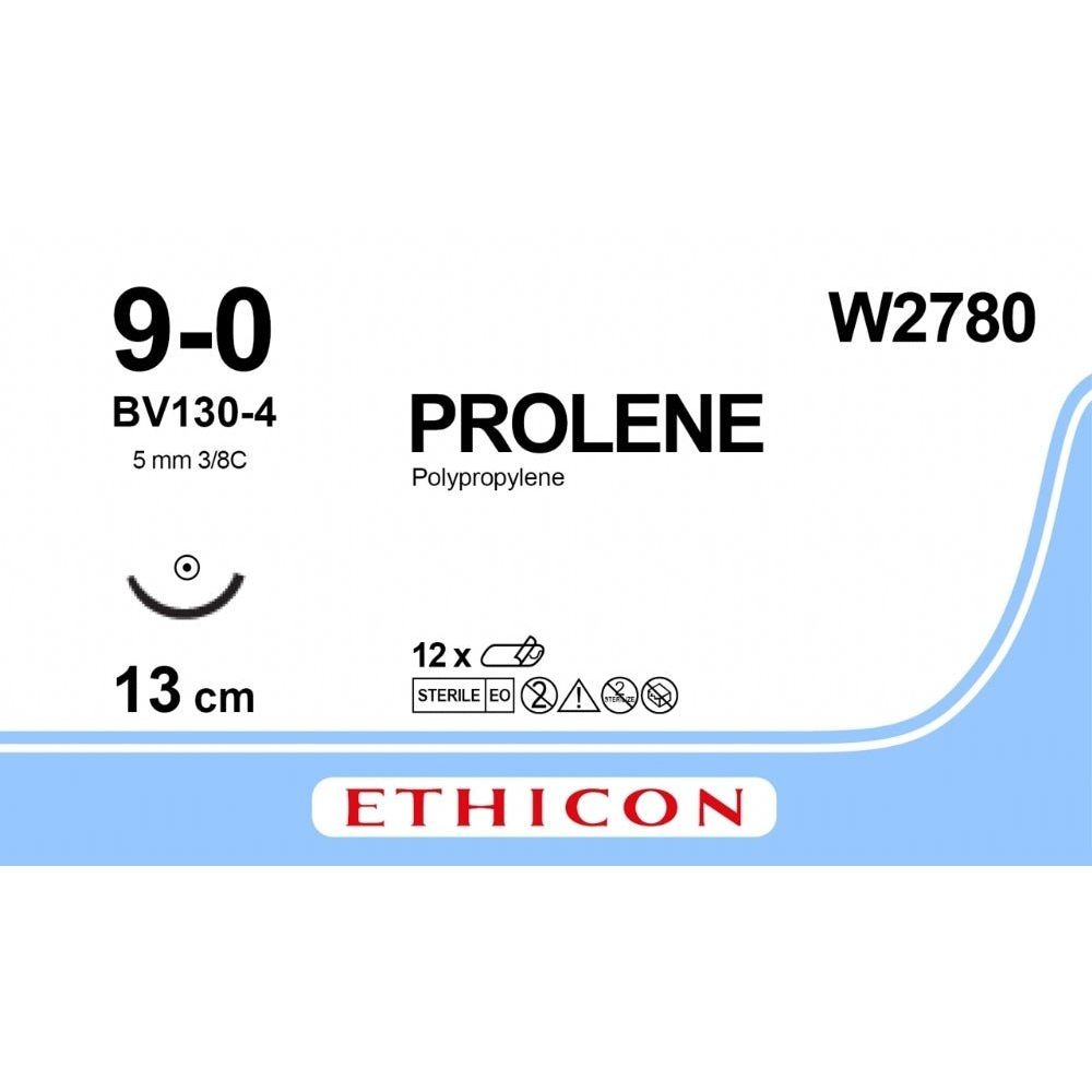 Ethicon PROLENE Polypropylene Blue Non - Absorbable Microsurgical Suture USP 9 - 0 13 cm BV130 - 4 Taper Point Needle (5 mm) W2780 (Box of 12) - W2780