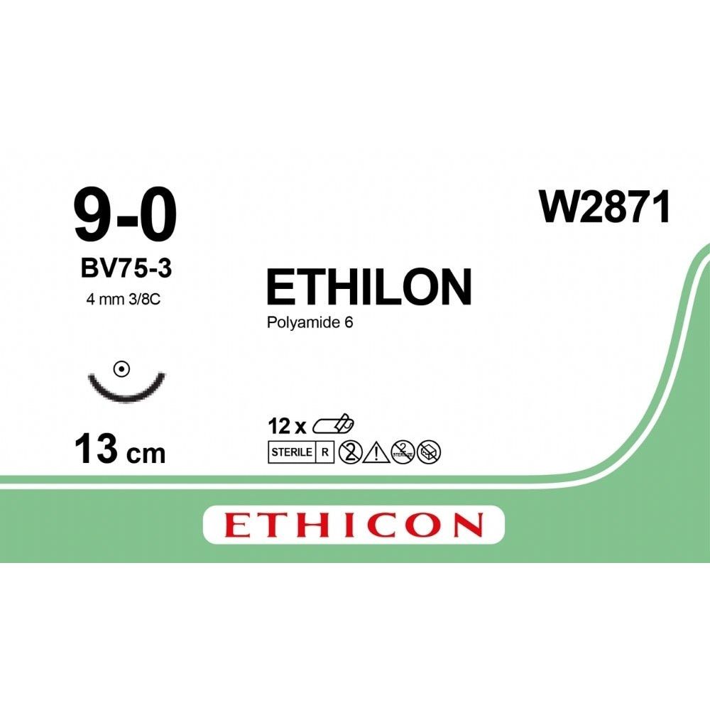 Ethicon ETHILON Black Monofilament Non - Absorbable Microsurgical Suture USP 9 - 0 5 in (13 cm) Black BV75 - 3 Taper Point Needle 3 mm 3/8 Circle W2871 (Box of 12) - W2871