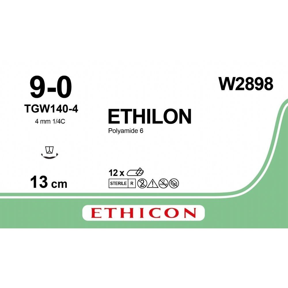 Ethicon ETHILON Black Monofilament Non - Absorbable Microsurgical Suture USP 9 - 0 5 in (13 cm) Black V100 - 3 Taper Point Needle 3 mm 3/8 Circle W2898 (Box of 12) - W2898