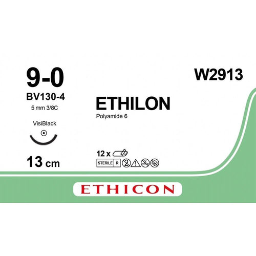 Ethicon ETHILON Black Monofilament Non - Absorbable Microsurgical Suture USP 9 - 0 5 in (13 cm) Black BV130 - 4 Taper Point Needle 4 mm 3/8 Circle W2913 (Box of 12) - W2913